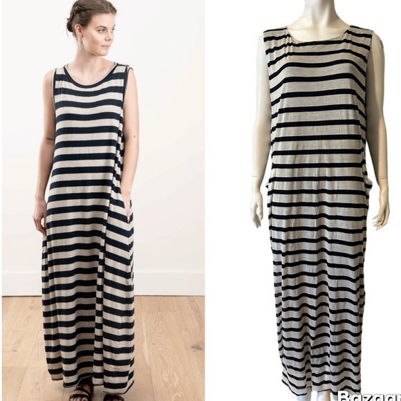 Enza Costa Blue Stripe Double Layer Maxi Dress Size:LARGE